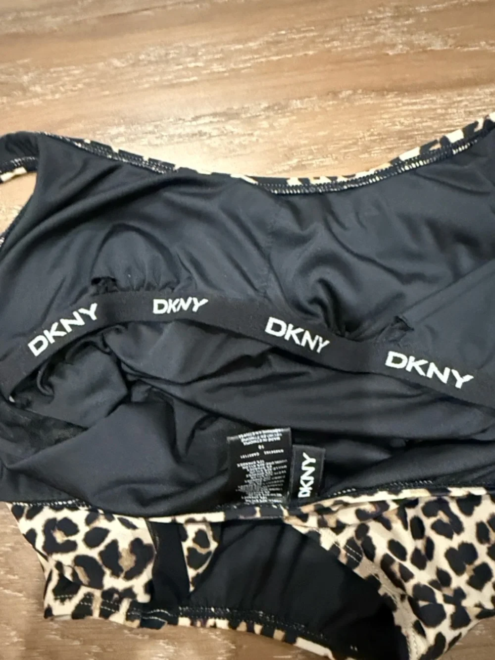DKNY Leopard Print One-Piece Lined Swimsuit - Tan & Black Mesh Sides - Picture 7 of 8